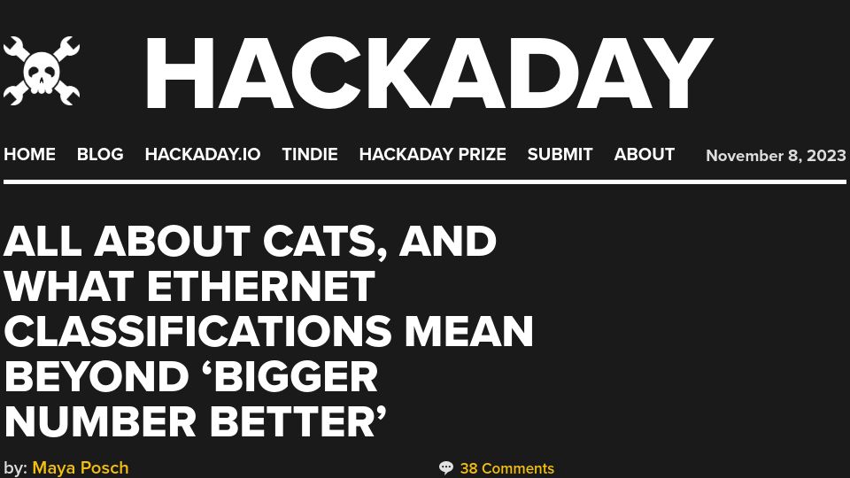 Screenshot of hackaday.com: All About Cats, and What Ethernet Classifications Mean