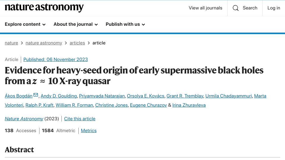 Screenshot of nature.com: Heavy-seed origin of early supermassive black holes from a z ≈ 10 X-ray quasar