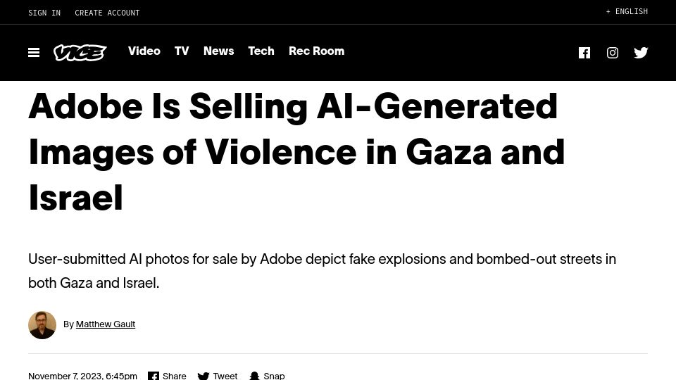 Screenshot of vice.com: Adobe Is Selling AI-Generated Images of Violence in Gaza and Israel