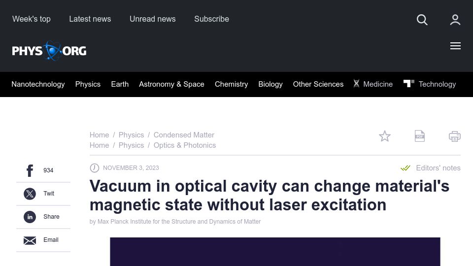 Screenshot of phys.org: Vacuum in optical cavity can change material magnetic state wo laser excitation
