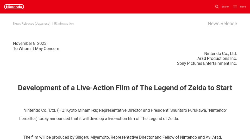 Screenshot of nintendo.co.jp: Development of a Live-Action Film of the Legend of Zelda to Start