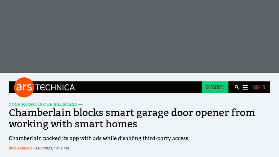 Screenshot of arstechnica.com: Chamberlain blocks smart garage door opener from working with smart homes