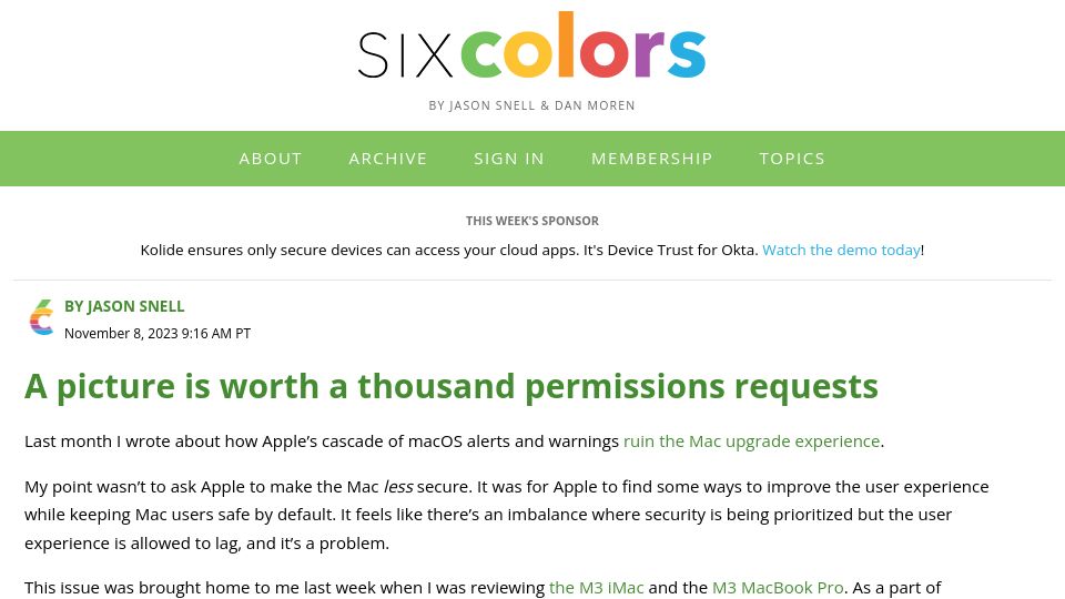 Screenshot of sixcolors.com: A picture is worth a thousand permissions requests
