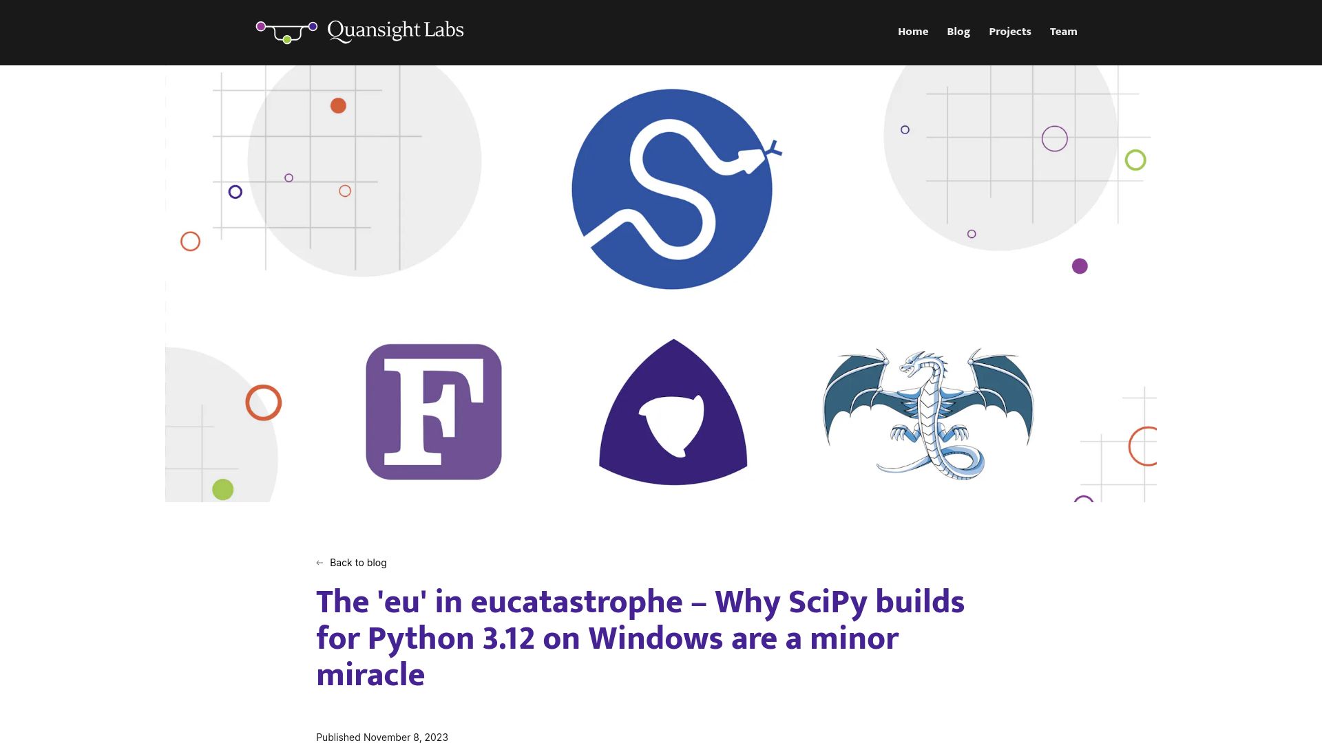Screenshot of labs.quansight.org: SciPy builds for Python 3.12 on Windows are a minor miracle