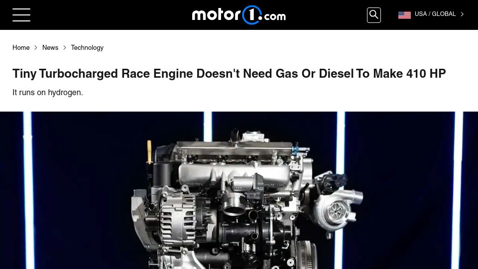 Screenshot of motor1.com: Water-injected 2.0-liter hydrogen engine makes 410 horsepower