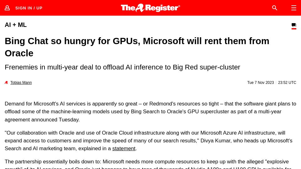 Screenshot of theregister.com: Bing Chat is so hungry for GPUs, Microsoft will rent them from Oracle