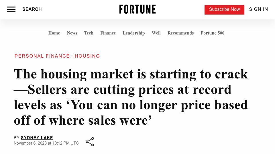 Screenshot of fortune.com: The housing market is starting to crack – Sellers are cutting prices