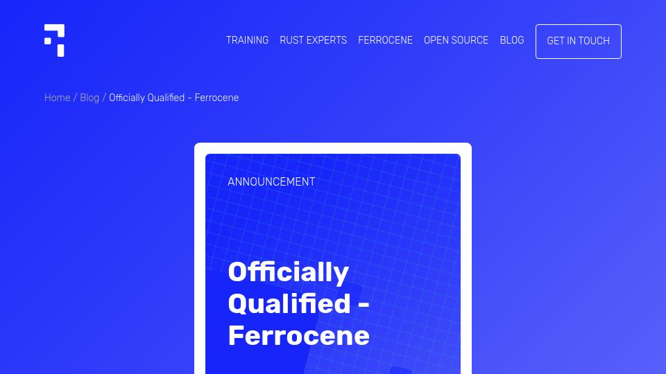 Screenshot of ferrous-systems.com: Officially Qualified – Ferrocene