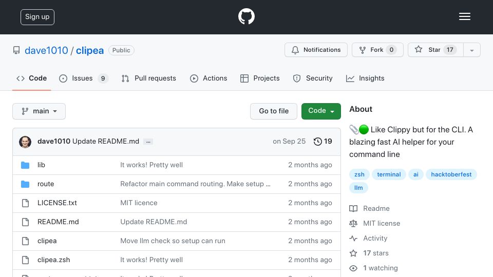 Screenshot of github.com: Like Clippy but for the CLI