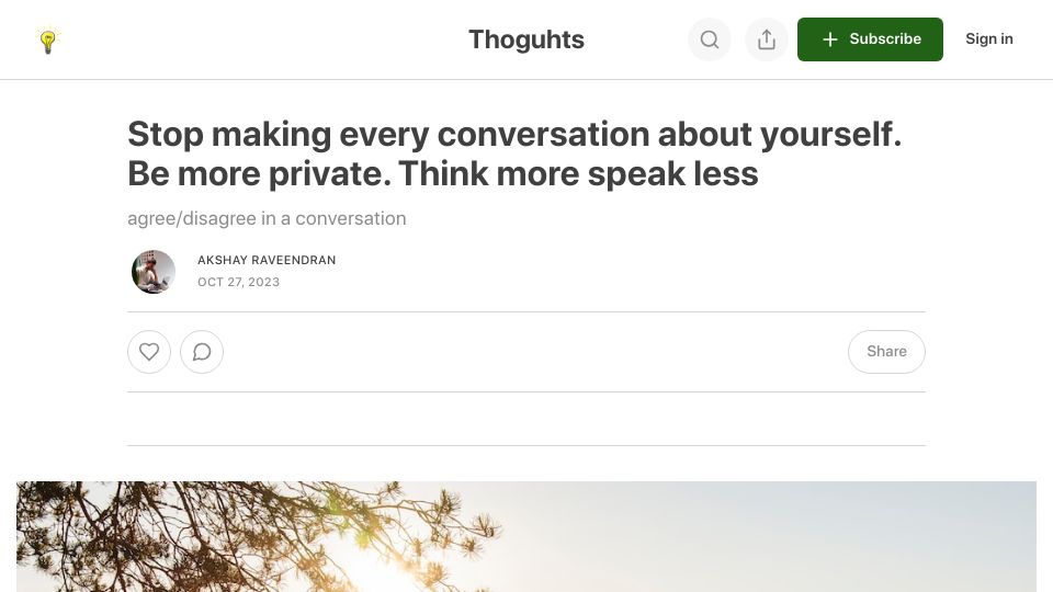 Screenshot of thoguhts.substack.com: Stop making every conversation about yourself