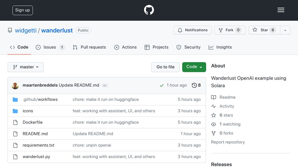Screenshot of github.com: We wrote the OpenAI Wanderlust app in pure Python using Solara