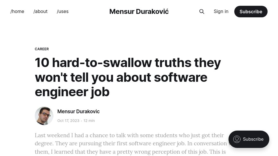 Screenshot of mensurdurakovic.com: Hard-to-swallow truths they won't tell you about software engineer job