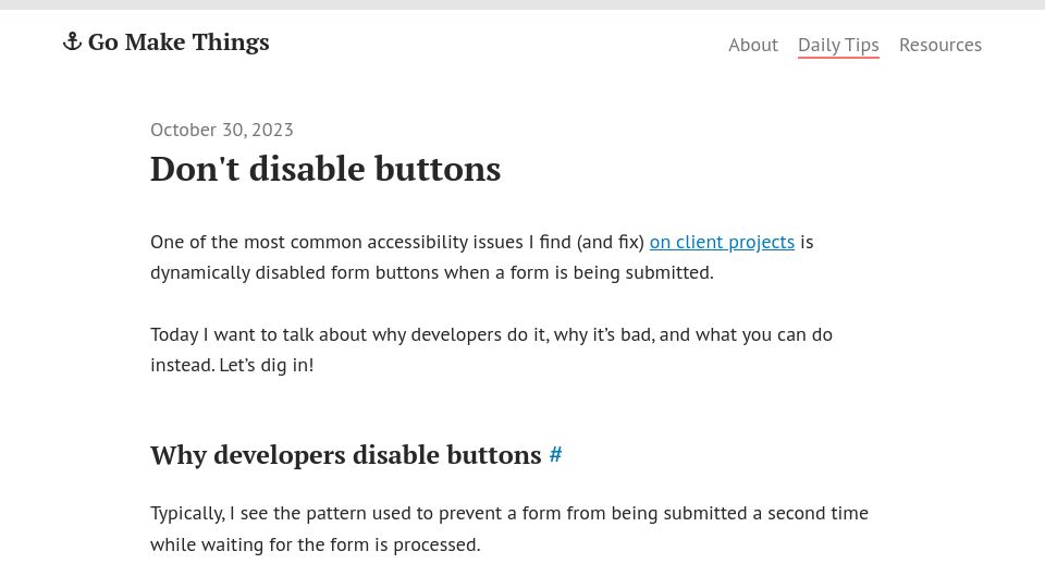 Screenshot of gomakethings.com: Don't disable buttons