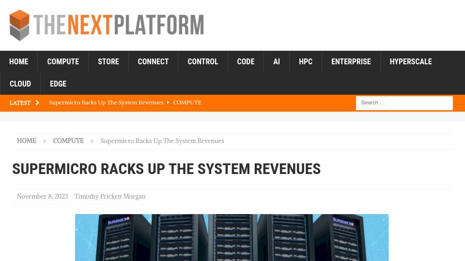 Screenshot of nextplatform.com: Supermicro Racks Up the System Revenues