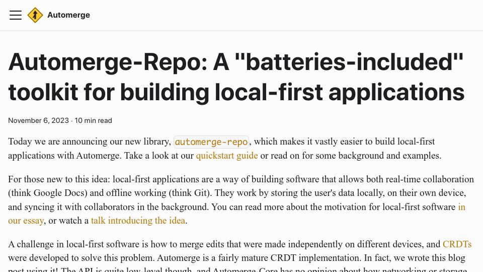 Screenshot of automerge.org: Automerge-Repo: A "batteries-included" toolkit for local-first applications