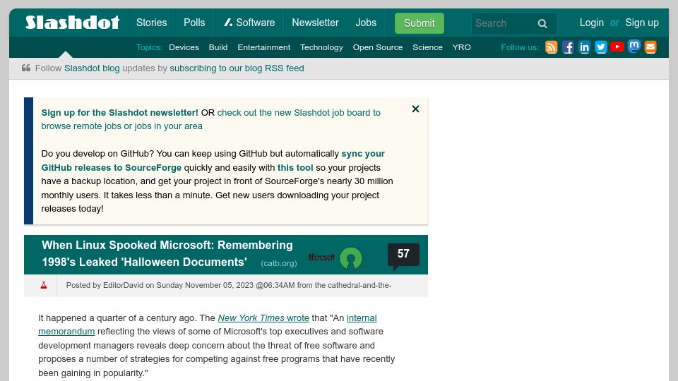 Screenshot of linux.slashdot.org: When Linux Spooked Microsoft: Remembering 1998's Leaked 'Halloween Documents'