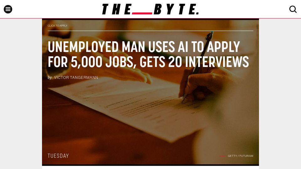 Screenshot of futurism.com: Unemployed Man Uses AI to Apply for 5k Jobs, Gets 20 Interviews