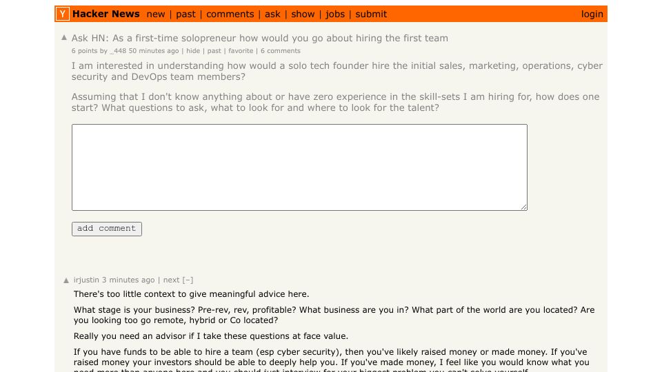 Screenshot of Hacker News post: Ask HN: As a first-time solopreneur how would you go about hiring the first team