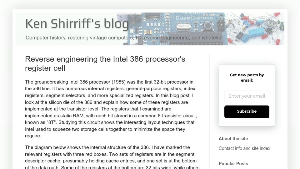 Screenshot of righto.com: Reverse engineering the Intel 386 processor's register cell