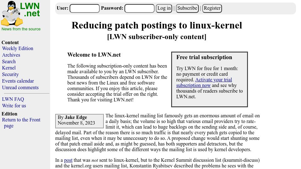 Screenshot of lwn.net: Reducing patch postings to Linux-kernel