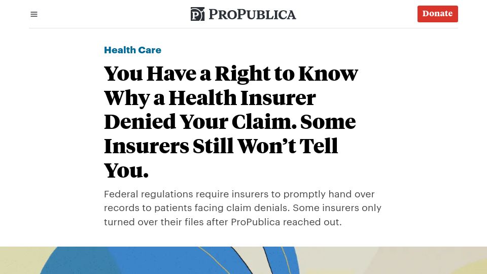 Screenshot of propublica.org: You have a right to know why a health insurer denied your claim
