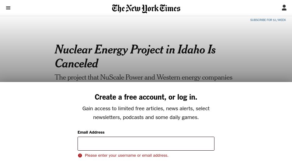 Screenshot of nytimes.com: Nuclear Energy Project in Idaho Is Canceled
