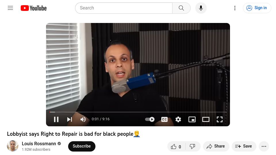 Screenshot of youtube.com: Lobbyist says Right to Repair is bad for black people [video]