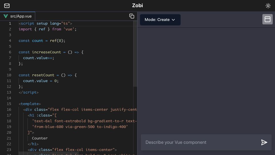 Screenshot of zobi.vercel.app: Show HN: Zobi – AI editor for Vue and Tailwind components