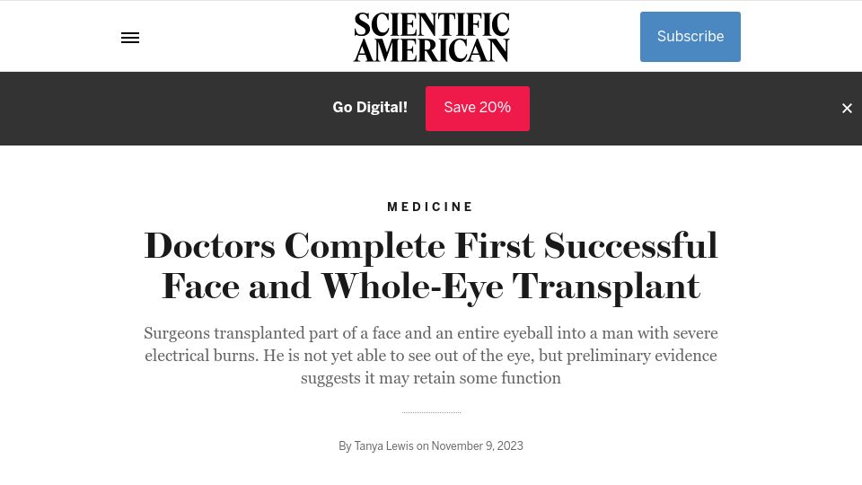 Screenshot of scientificamerican.com: Doctors complete first successful face and whole-eye transplant