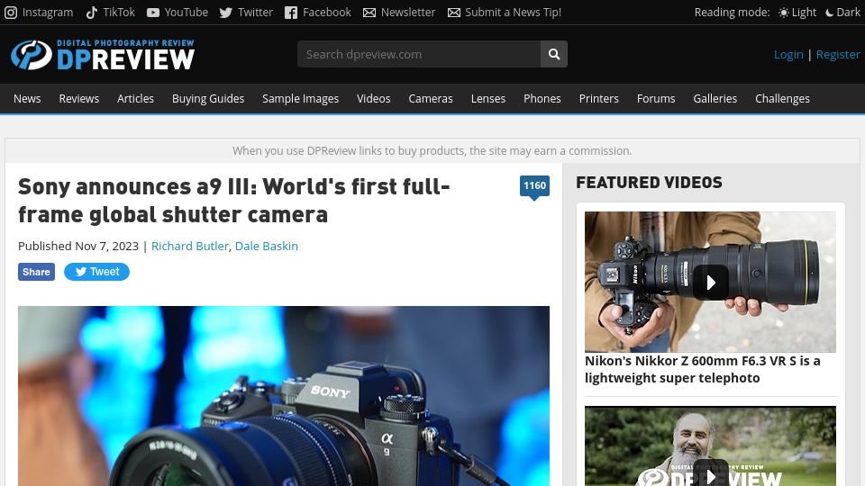 Screenshot of dpreview.com: Sony announces a9 III: first full-frame global shutter camera