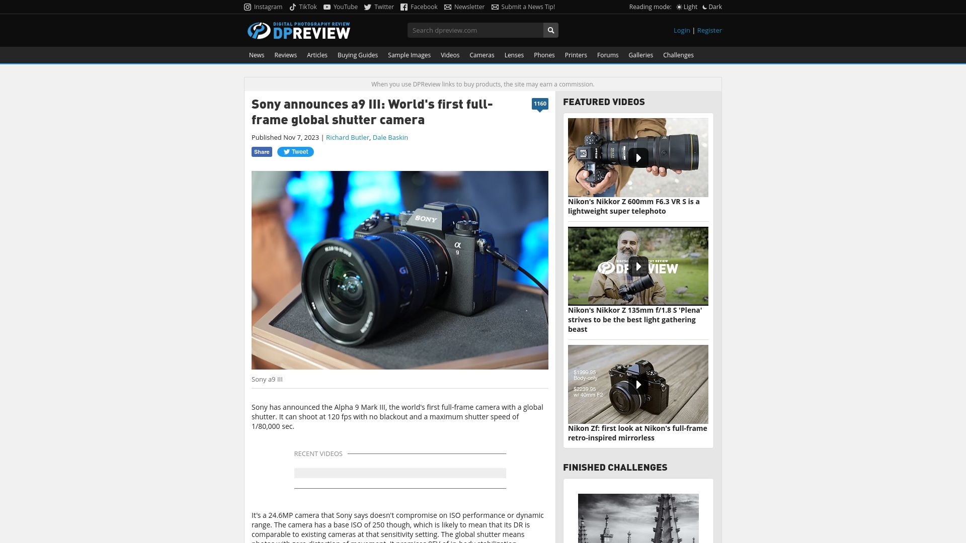 Screenshot of dpreview.com: Sony announces a9 III: first full-frame global shutter camera
