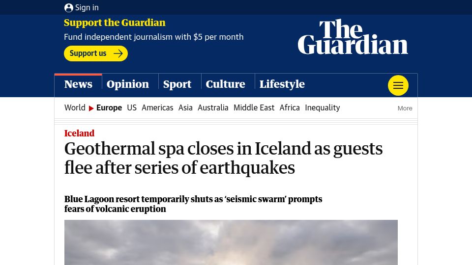 Screenshot of theguardian.com: Blue Lagoon geothermal spa in Iceland closes after series of earthquakes