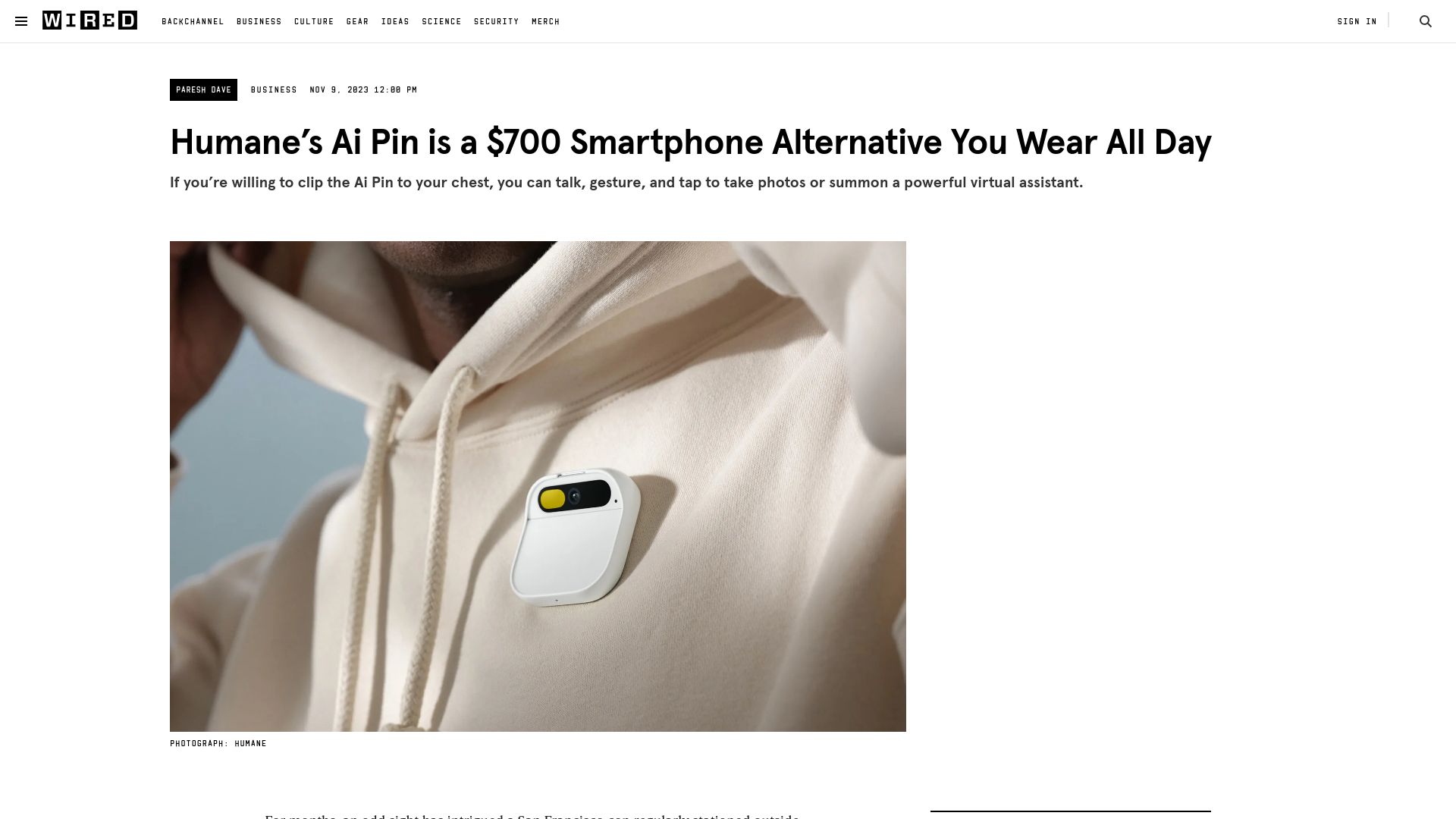 Screenshot of wired.com: Humane launches $699 Ai Pin