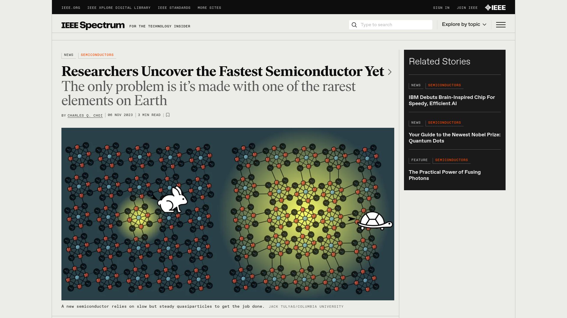 Screenshot of spectrum.ieee.org: Researchers uncover the fastest semiconductor yet