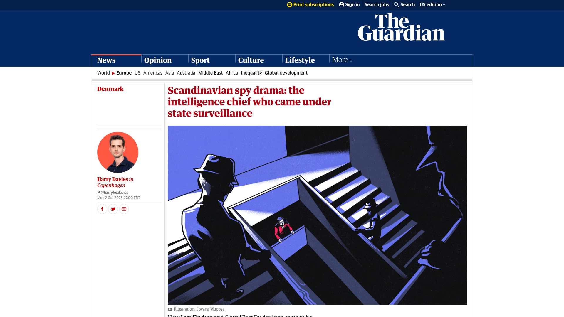 Screenshot of theguardian.com: Scandinavian spy drama: An intelligence chief who came under state surveillance