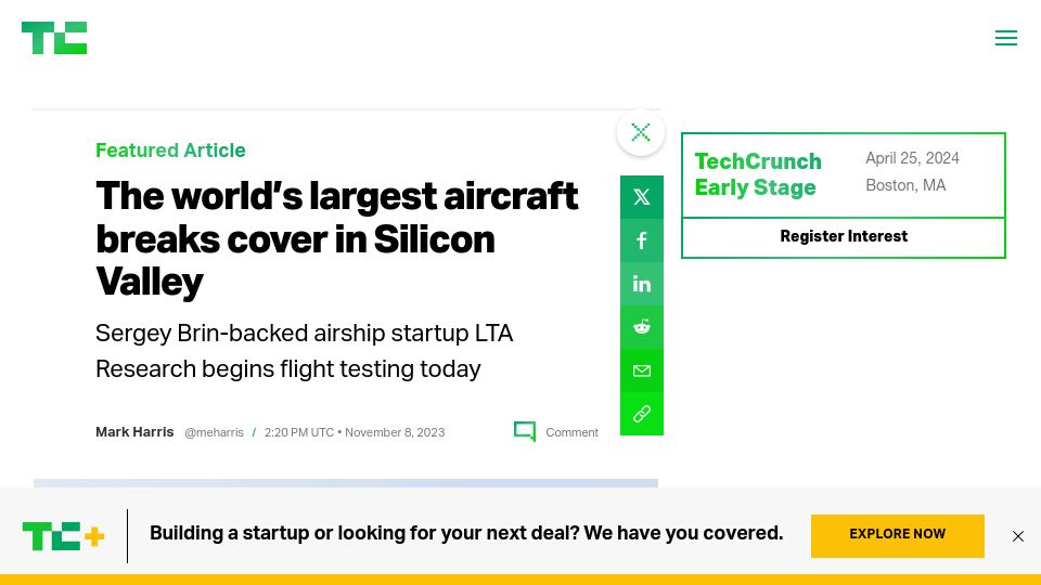 Screenshot of techcrunch.com: World's largest aircraft breaks cover in Silicon Valley