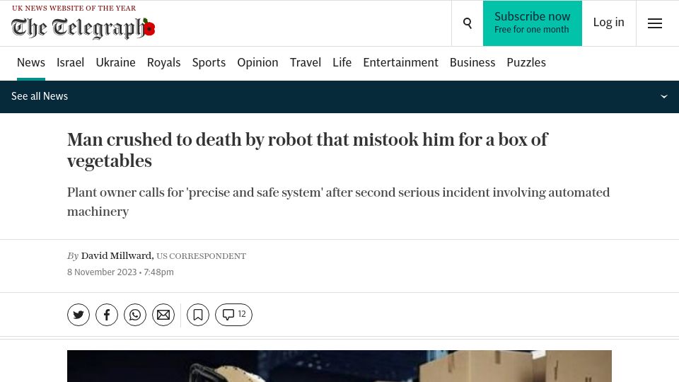 Screenshot of telegraph.co.uk: Man crushed to death by robot that mistook him for a box of vegetables