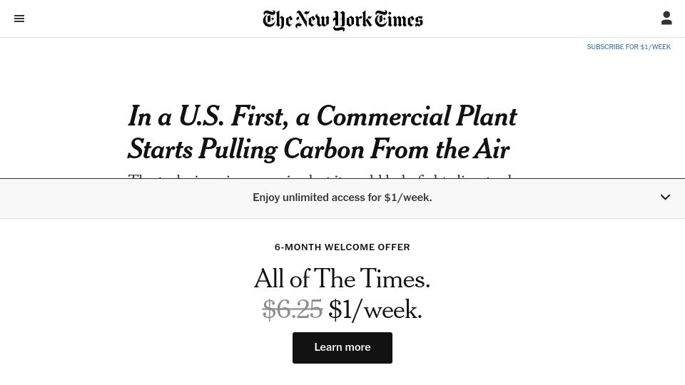 Screenshot of nytimes.com: Commercial Plant Starts Pulling Carbon from the Air