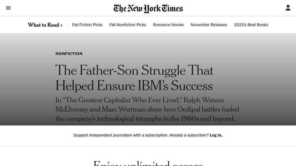 Screenshot of nytimes.com: The father-son struggle that helped ensure IBM's success