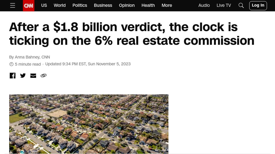 Screenshot of cnn.com: After a $1.8B verdict, the clock is ticking on the 6% realtor commission