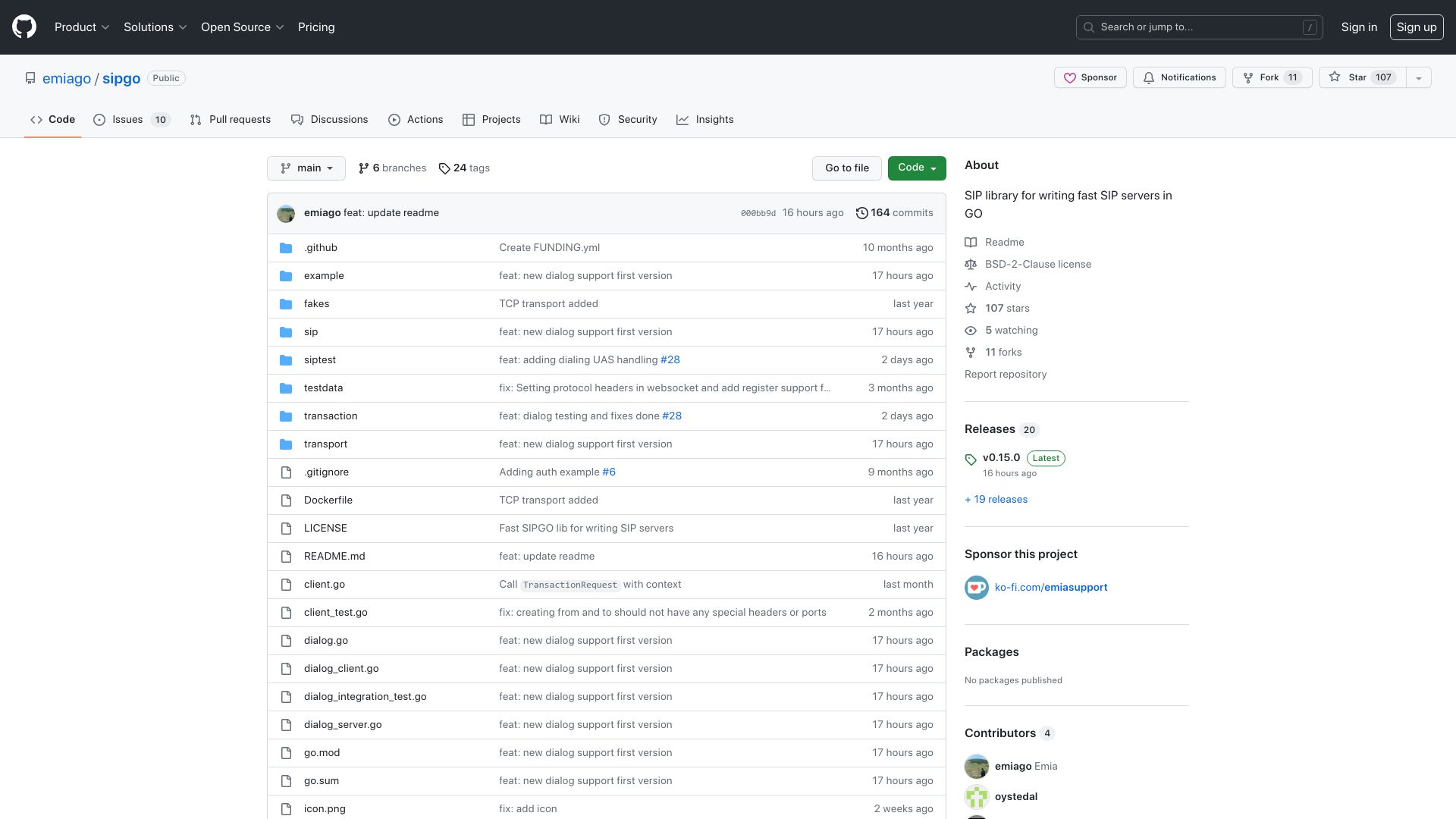 Screenshot of github.com: Show HN: SIPGO – A library for writing fast SIP services in Go