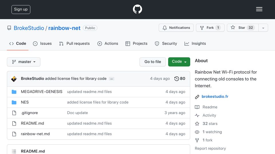 Screenshot of github.com: Rainbow Net Wi-Fi protocol for connecting old consoles to the Internet