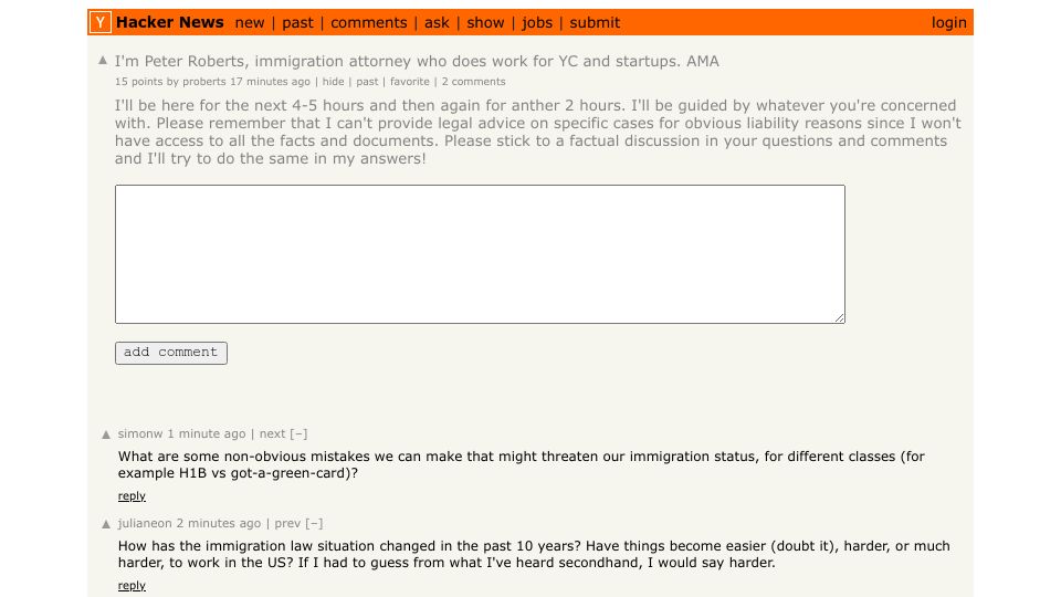 Screenshot of Hacker News post: I'm Peter Roberts, immigration attorney who does work for YC and startups. AMA