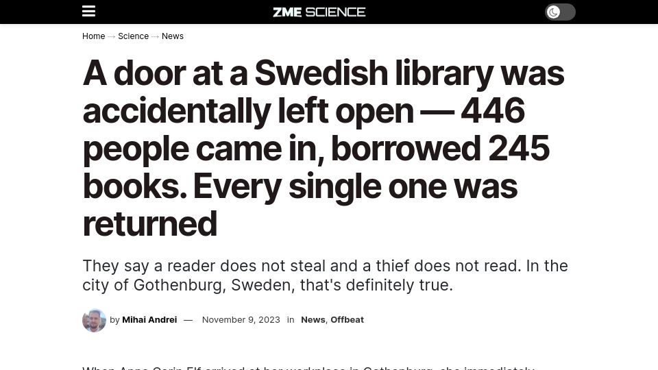 Screenshot of zmescience.com: A door at a Swedish library was accidentally left open
