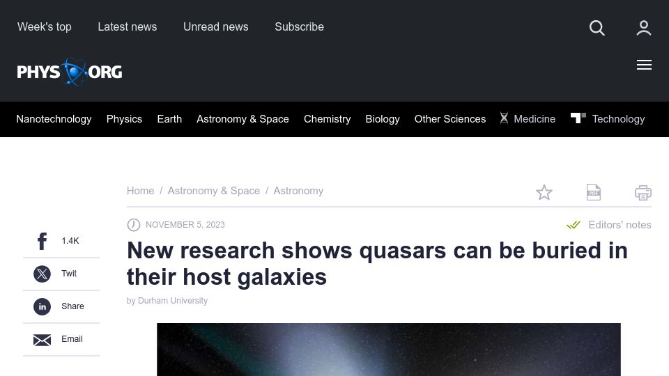 Screenshot of phys.org: New research shows quasars can be buried in their host galaxies