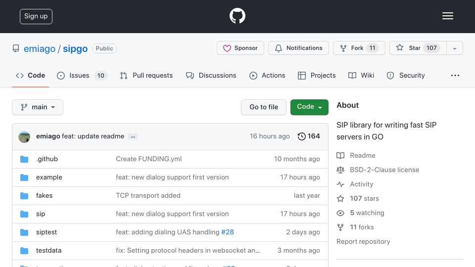 Screenshot of github.com: Show HN: SIPGO – A library for writing fast SIP services in Go