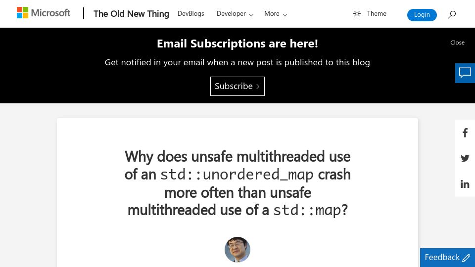 Screenshot of devblogs.microsoft.com: Why does unsafe multithreaded std:unordered_map crash more than std:map?