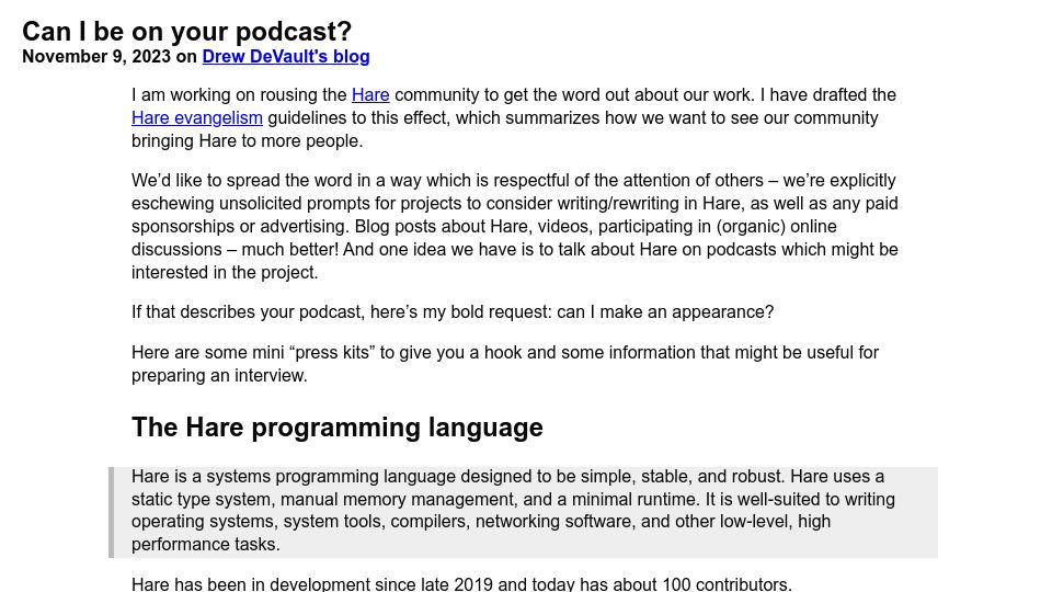 Screenshot of drewdevault.com: Can I be on your podcast?