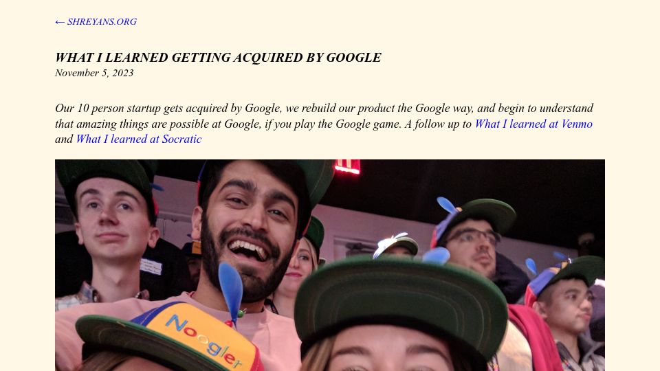Screenshot of shreyans.org: What I learned getting acquired by Google