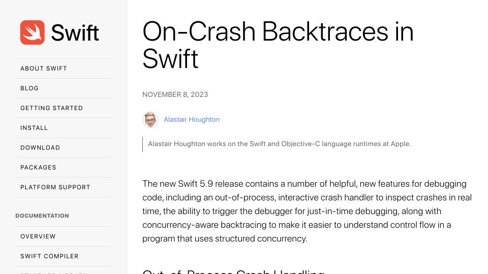 Screenshot of swift.org: On-Crash Backtraces in Swift